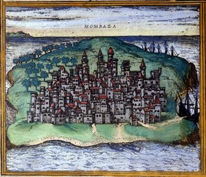 Ansicht von Mombasa, Kenia im 16. Jahrhundert, als die Stadt von den Portugiesen besetzt war, nach dem Atlas „Civitates Orbis Terrarum“ von Braun und Hogenberg von Georg Braun and Hogenberg Franz