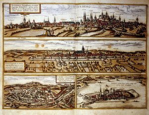 Ansicht der deutschen Städte Nürnberg und Ulm, Salzburg, Österreich. Gravur aus dem Atlas von „Braun und Hogenberg“ 1572 von Georg Braun and Hogenberg Franz