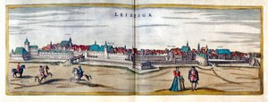 Ansicht der Stadt Leipzig in Deutschland. Gravur aus dem Atlas von „Braun und Hogenberg“ aus dem frühen 17. Jahrhundert