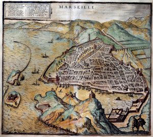 Ansicht der Stadt Marseille mit Straßenkarte. Gravur aus dem Atlas von Braun und Hogenberg 1572 Marseille, Musée de la Marine