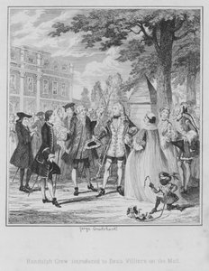 Randulph Crew wird Beau Villiers auf dem Mall vorgestellt von George (after) Cruikshank