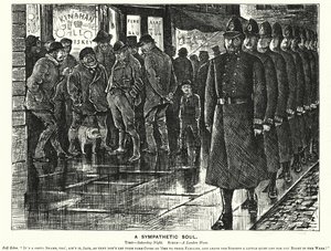 Punch-Karikatur: Eine mitfühlende Seele - Polizeiarbeit in den Slums von London von George (after) Du Maurier