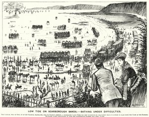Punch-Karikatur: Ebbe auf den Scarborough Sands - Baden unter Schwierigkeiten (Gravur) von George (after) Du Maurier