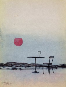 Verschütteter Rotwein auf einem Außentisch wird zur untergehenden Sonne von George Adamson
