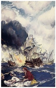 Brulotladung von Sprengstoffen wirft auf ein Schiff. Illustration aus „Pirates of Panama or The Buccaneers of America“ von George Albert Williams (1875-1932) 1914 von George Alfred Williams