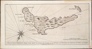 Plan der Insel Juan Fernández im Südpazifik, ca. 1750 von George Anson
