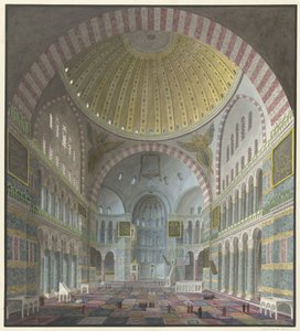 Innenraum der Hagia Sophia mit knienden und stehenden Türken