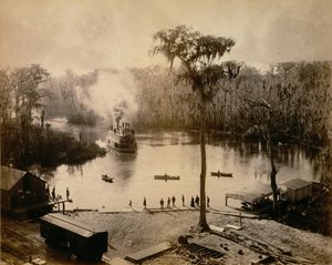 Heckraddampfer kommt in Silver Springs, Florida, nach einer nächtlichen Fahrt den St. John hinauf an von George Barker