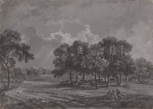 Parkszene mit Hirschen, Rindern und einer Gruppe von Figuren von George Barret