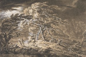 Der Blitzschlag, Reisende in einem Gewitter auf einer Waldstraße von George Barret