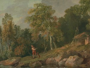 Bewaldete Landschaft mit einem Jungen und seinem Hund von George Barret
