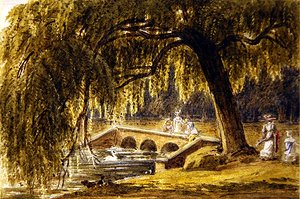 Frauen und Kinder an einer Zierbrücke in einem Park von George Barrett