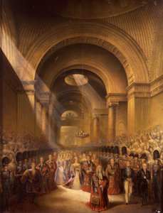 Die Ankunft Ihrer gnädigsten Majestät Königin Victoria im House of Lords zur Eröffnung ihres ersten Parlaments von George Baxter