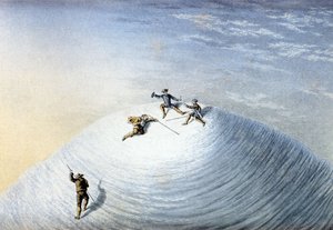 Der Aufstieg des Mont Blanc durch Albert Smith im Jahr 1851 (farbige Gravur)
