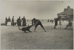 Junge und Hund, Iron Pier, Coney Island, Brooklyn, ca. 1885 von George Bradford Brainerd