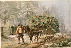 Junge führt einen Esel und Wagen, viktorianische Weihnachtskarte