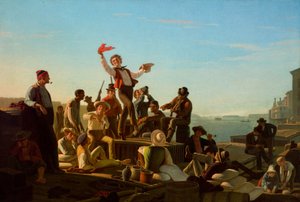 Fröhliche Flachbootmänner im Hafen von George Caleb Bingham