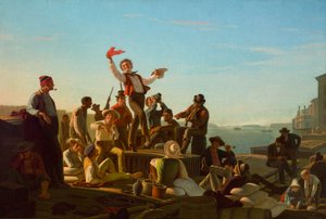Fröhliche Flachbootmänner im Hafen von George Caleb Bingham