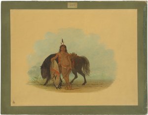 Ein Cheyenne-Krieger ruht sein Pferd aus