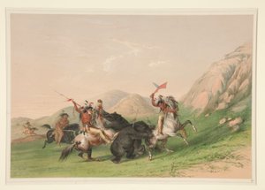 Angriff auf den Grizzlybären, Tafel 19 aus dem Nordamerikanischen Indianer-Portfolio von George Catlin