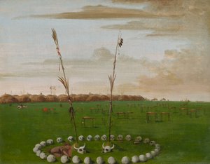 Rückansicht des Mandan-Dorfes, zeigt den Friedhof von George Catlin
