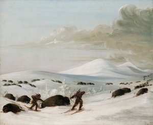 Büffeljagd im Schnee, Indianer auf Schneeschuhen verfolgend von George Catlin