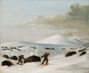 Büffeljagd in Schneeverwehungen, Indianer auf Schneeschuhen verfolgend von George Catlin