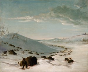 Büffeljagd im Winter, Indianer auf Schneeschuhen, 1832-1833 von George Catlin