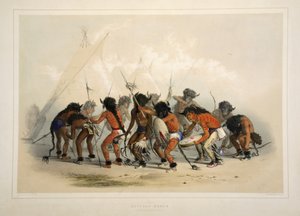 Büffeltanz, aus Catlins Nordamerikanisches Indianer-Portfolio. Jagdszenen und Vergnügungen der Rocky Mountains und Prärien Amerikas, veröffentlicht 1845 von George Catlin