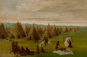 Comanche-Dorf, Frauen beim Ankleiden von Roben und Trocknen von Fleisch von George Catlin