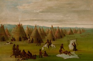 Comanche-Dorf, Frauen kleiden Roben und trocknen Fleisch von George Catlin