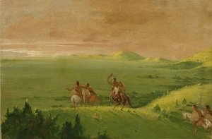 Comanche-Kriegspartei, Häuptling entdeckt den Feind und drängt seine Männer bei Sonnenaufgang