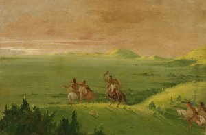 Komantschen-Kriegspartei, Häuptling entdeckt den Feind und drängt seine Männer bei Sonnenaufgang von George Catlin