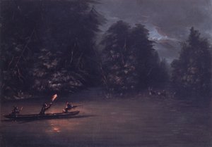 Hirschjagd bei Fackellicht in Rindenkanus, 1846-1848 von George Catlin