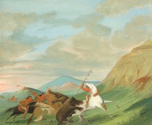 Grizzlybären greifen Indianer zu Pferd an von George Catlin