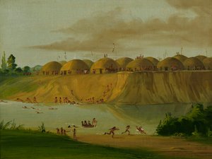 Hidatsa-Dorf, erdbedeckte Lodges am Knife River, 1810 Meilen oberhalb von St. Louis von George Catlin