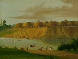 Hidatsa-Dorf, erdüberdeckte Lodges, am Knife River, 1810 Meilen oberhalb von St. Louis