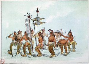 Indianer Amerikas: Schneeschuhtanz im Chippeway-Stamm. Illustration von George Catlin von George Catlin
