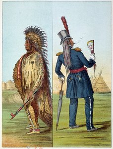 Indianer Amerikas: Assiniboin-Indianer in Militärkleidung mit zwei Flaschen Whisky in seinen Taschen. Illustration von George Catlin (1794-1872) von George Catlin