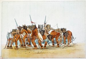 Treffen der Mandan-Krieger mit ihrem Büffelkopftrophäe auf dem Kopf. Illustration von George Catlin von George Catlin