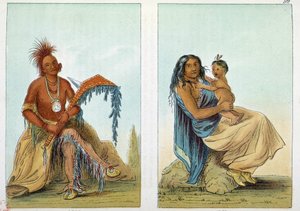 Indianer Amerikas: Porträt eines Anführers der Osage namens Clermont mit seiner Frau und seinem Sohn. Illustration von George Catlin (1794-1872)
