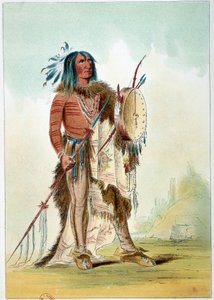 Indianer Amerikas: Porträt eines Indianerhäuptlings, der Arzt wurde, hält ein Tam-Tam mit Heilmitteln. Illustration von George Catlin