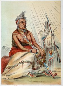 Indianer Amerikas: Porträt eines alten Indianerhäuptlings, der seine Pfeife raucht, genannt Der Schwarze Mokassin. Illustration von George Catlin (1794-1872)