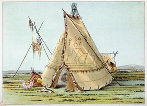 Tipi des Crows-Stammes mit Stachelschweinborsten verziert. Illustration von George Catlin