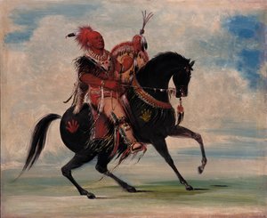 Kee-o-kúk, Der wachsame Fuchs, Häuptling des Stammes, zu Pferd, 1835 von George Catlin