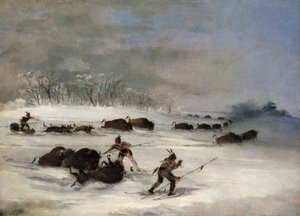 Sioux-Indianer auf Schneeschuhen, die Büffel jagen