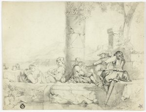 Kinder, Frau mit Säugling und drei Soldaten sitzen in Ruinen am See von George Cattermole