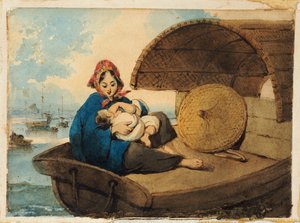 Eine Tanka-Frau mit ihrem Kind auf einem Boot
