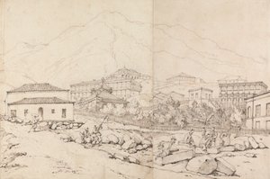 Gebäude an einem Berghang in einem bergigen Dorf (China?)