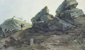 Felsen und ein Hügelkloster, China von George Chinnery